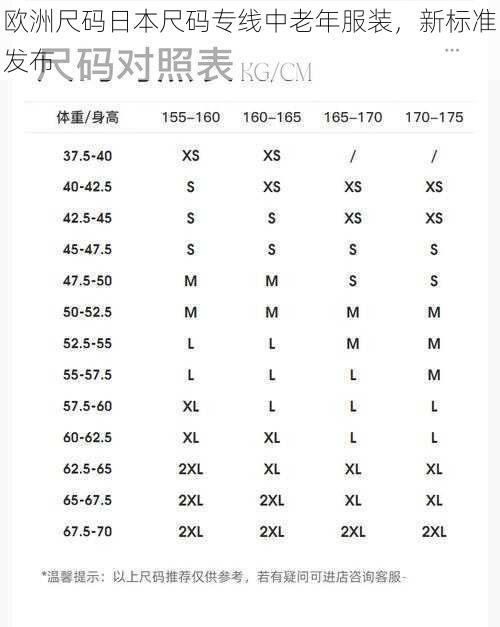 欧洲尺码日本尺码专线中老年服装，新标准发布