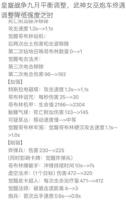 皇室战争九月平衡调整，武神女巫炮车终遇调整降低强度之时