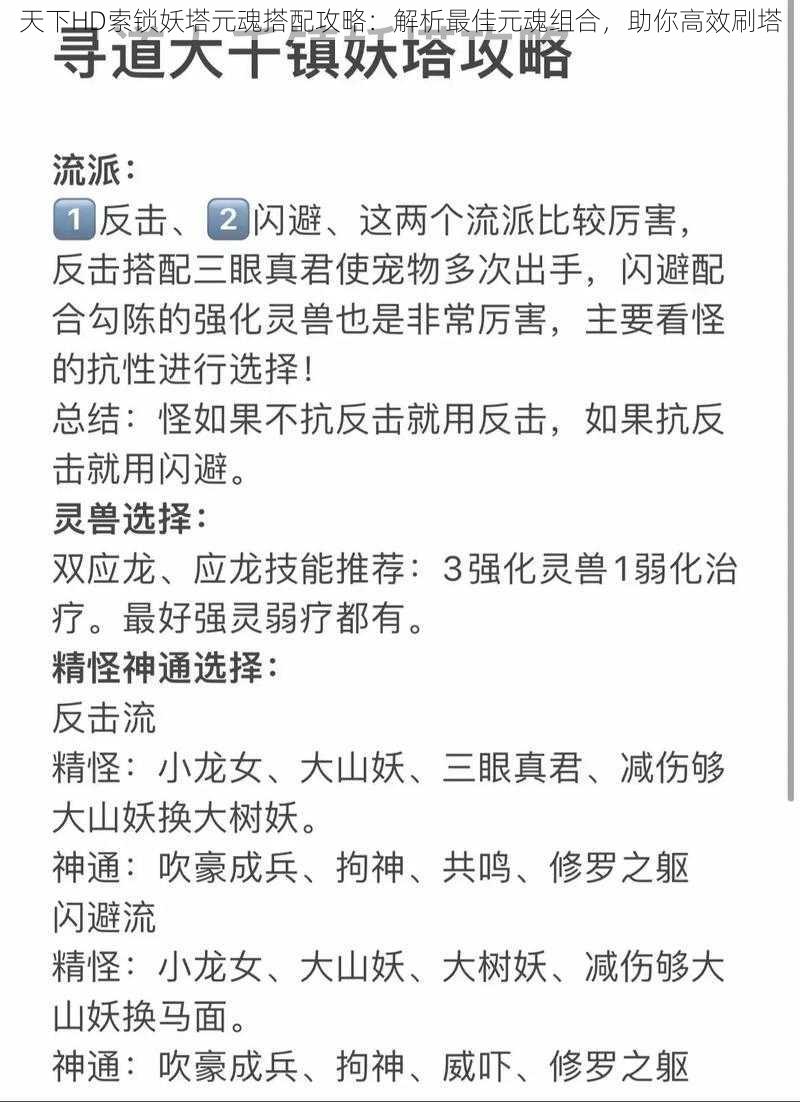 天下HD索锁妖塔元魂搭配攻略：解析最佳元魂组合，助你高效刷塔