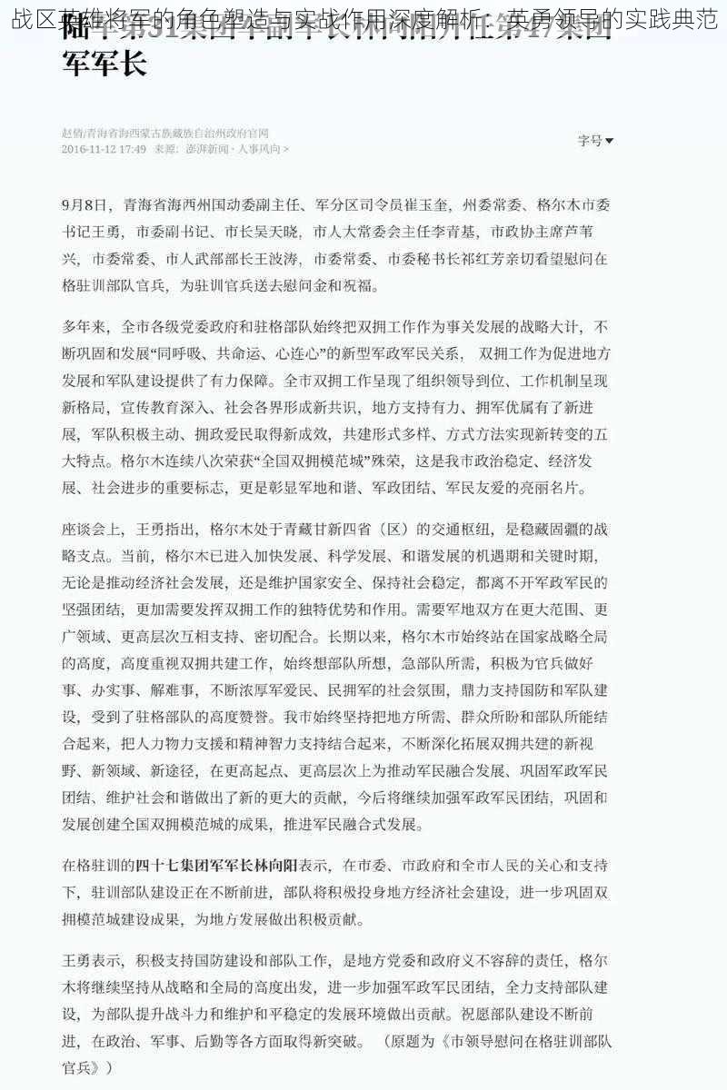 战区英雄将军的角色塑造与实战作用深度解析：英勇领导的实践典范